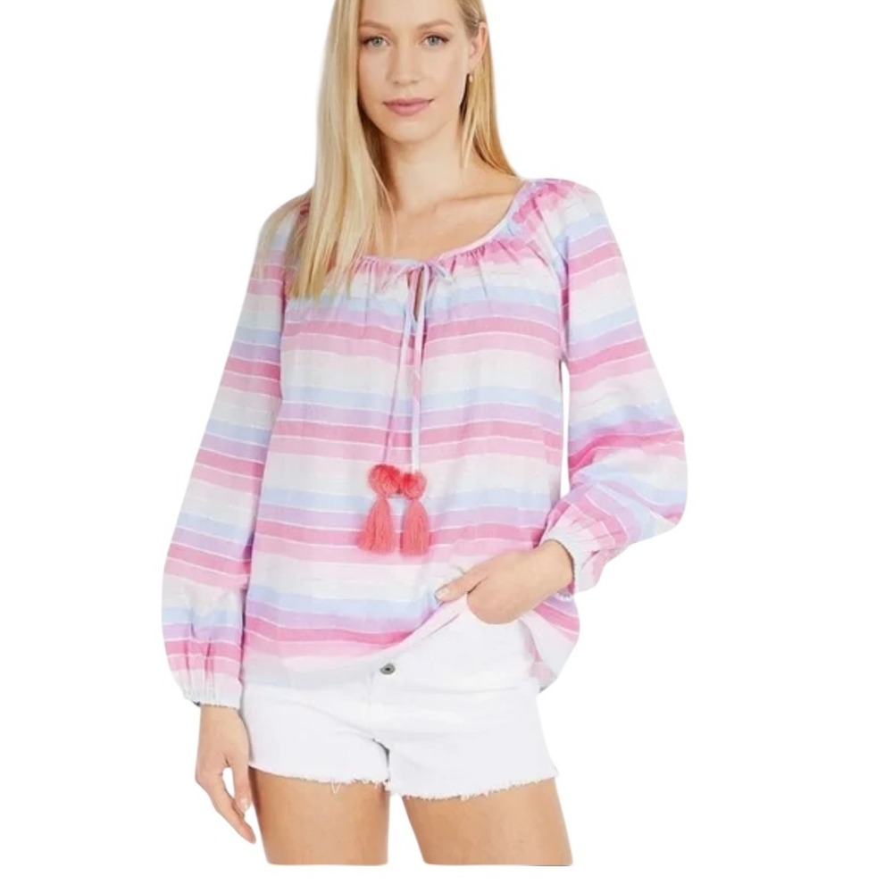J. Crew Women's Peasant top metallic pastel stripe XL Long Sleeve‎ tassel #AM634